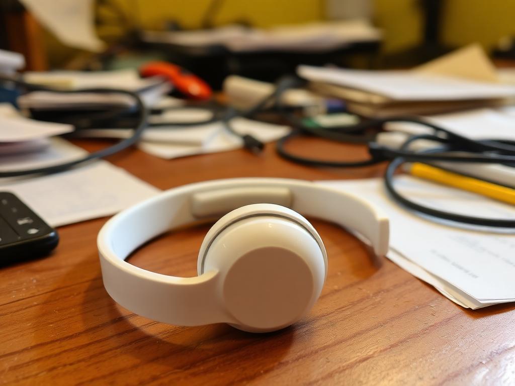 Foto casera de audífonos sobre un escritorio desordenado